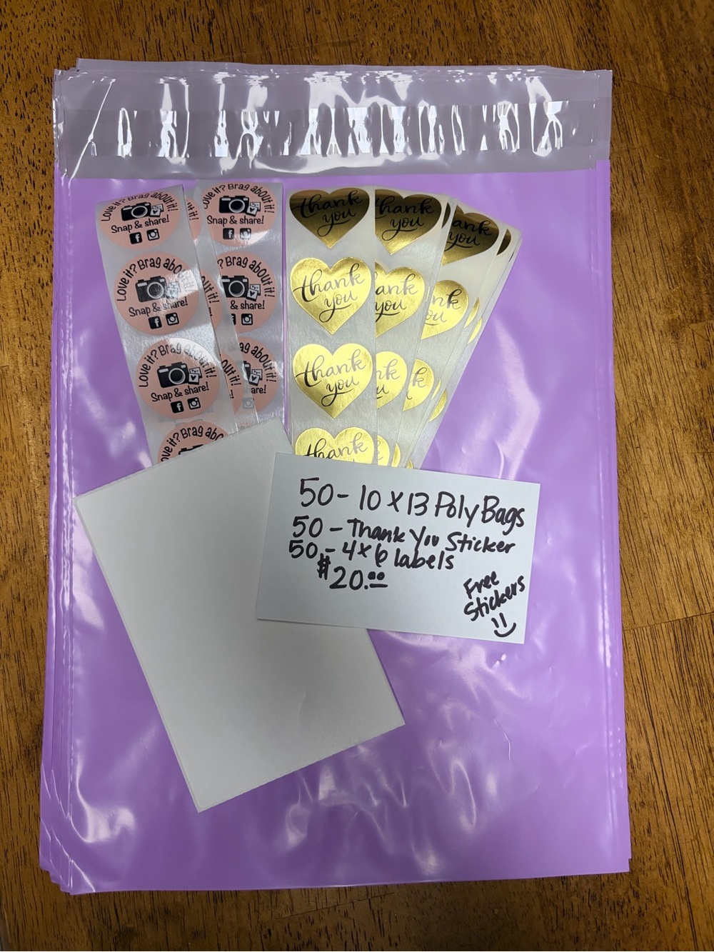 50-Purple Poly Mailer Shipping Bag, 50- 4x6 labels and 50- Thank You Stickers